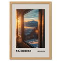 St. Moritz - Golden Sun, Snowy Peaks - Poster showcasing golden sunset over Alps through train window.