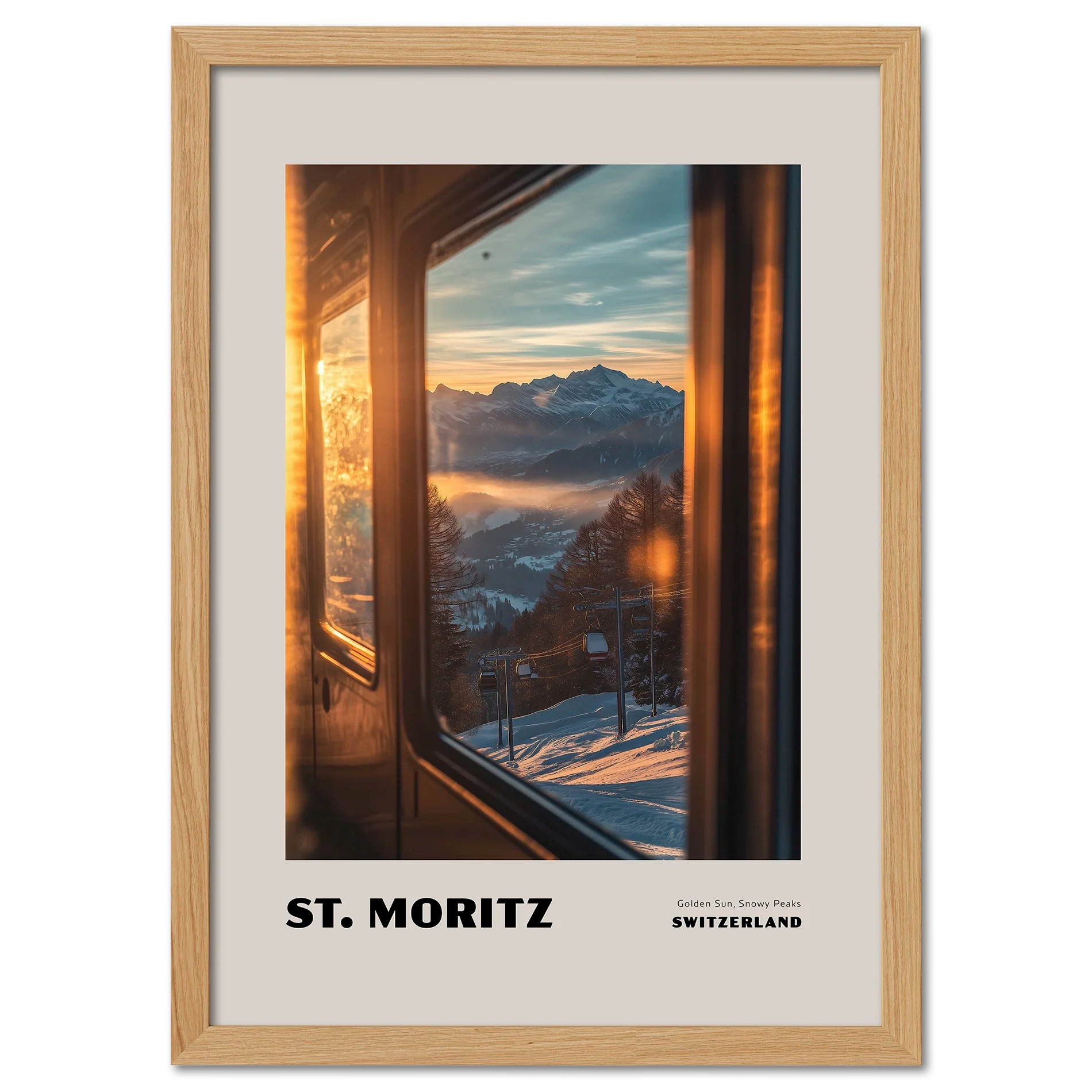 St. Moritz - Golden Sun, Snowy Peaks - Poster showcasing golden sunset over Alps through train window.