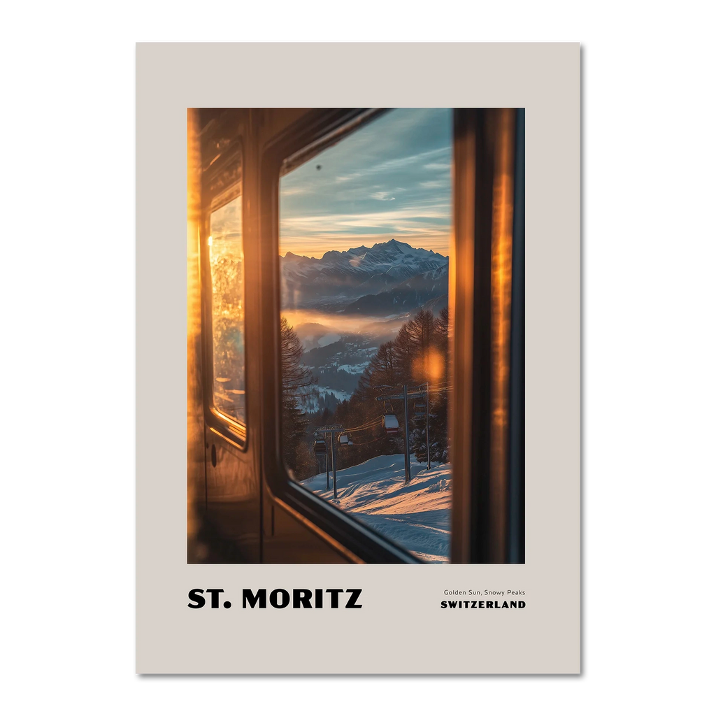 St. Moritz - Golden Sun, Snowy Peaks - Poster depicting a golden sunset over snowy Alps from a train window.