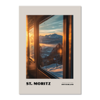 St. Moritz - Golden Sun, Snowy Peaks - Poster depicting a golden sunset over snowy Alps from a train window.