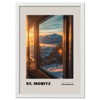 St. Moritz - Golden Sun, Snowy Peaks - Poster showcasing a sunset view of Alps through a train window.