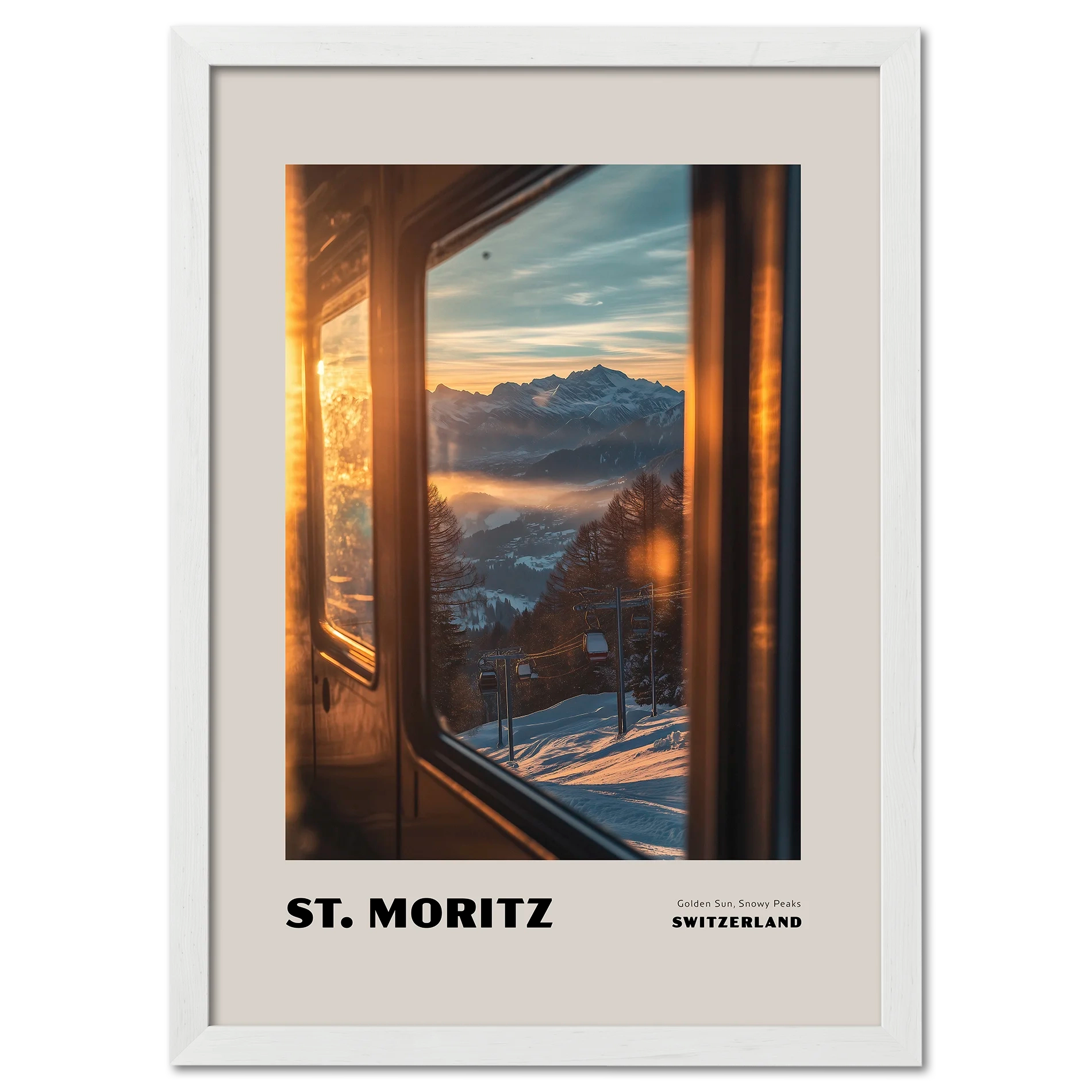 St. Moritz - Golden Sun, Snowy Peaks - Poster showcasing a sunset view of Alps through a train window.