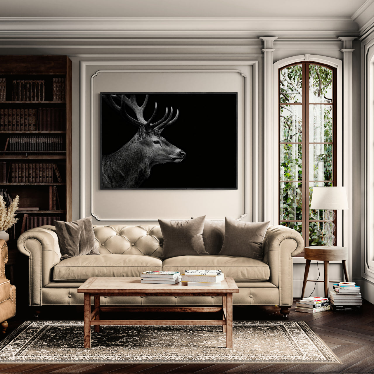 Stag Portrait Noir – Alu-Dibond wall art displayed in a stylish living room with elegant decor.