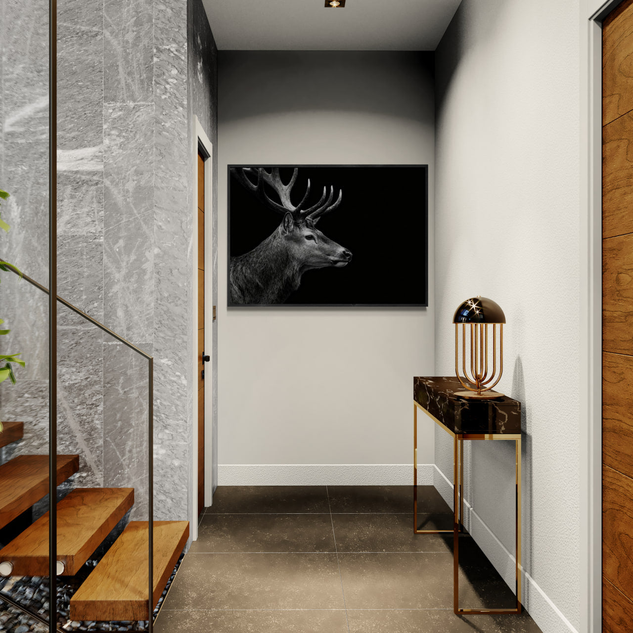 Stag Portrait Noir – Alu-Dibond wall art displayed in a modern home hallway with stylish decor.