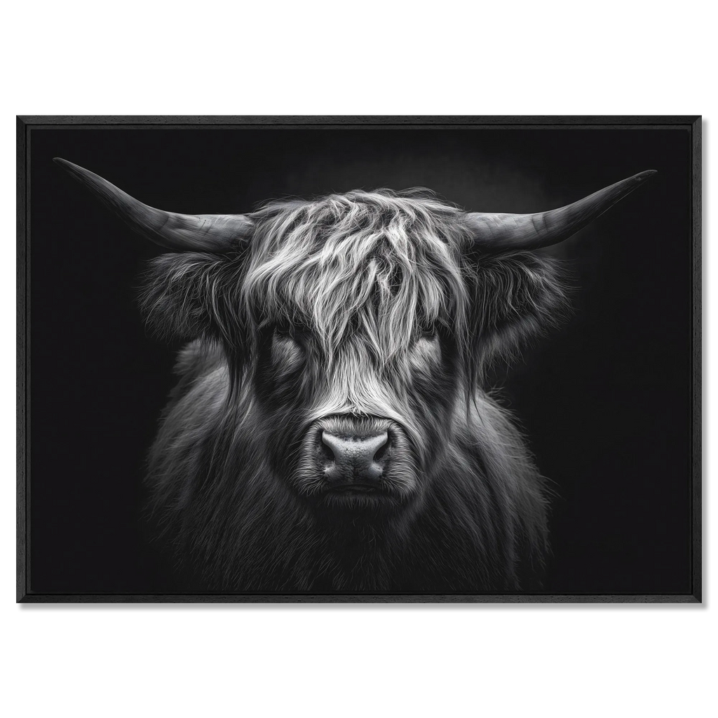 Black and white highland cow illustration on a dark background