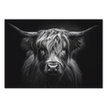 Black and white highland cow illustration on a black background