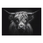 Black and white highland cow illustration on a black background