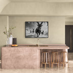 The Running Ibex – Alu-Dibond wall art displayed in a modern kitchen featuring a dynamic alpine ibex.