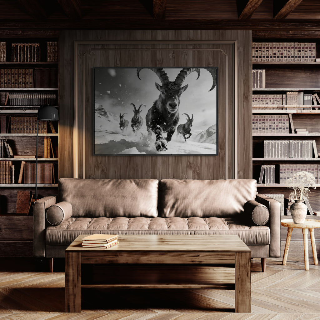 The Running Ibex – Alu-Dibond wall art displayed above a cozy sofa in a rustic interior.