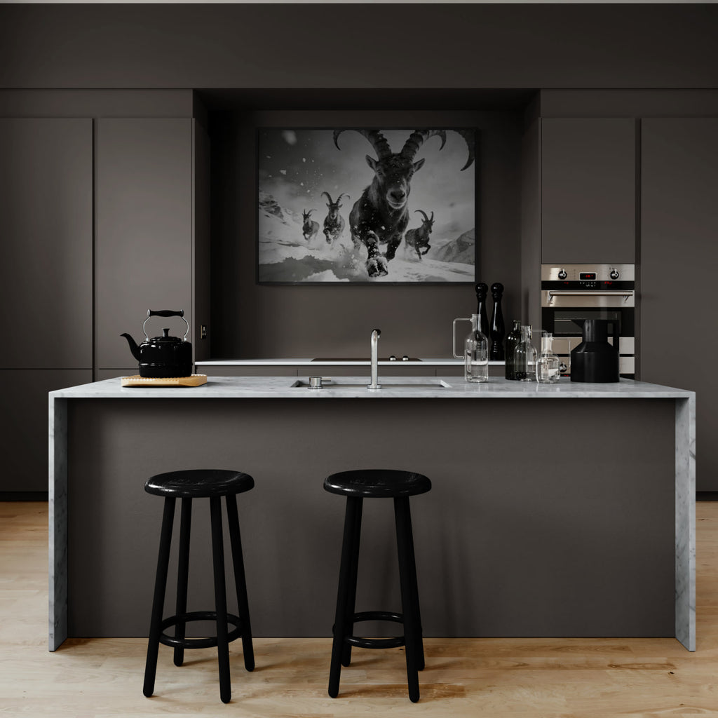 The Running Ibex – Alu-Dibond wall art displayed in a modern kitchen setting with black stools.