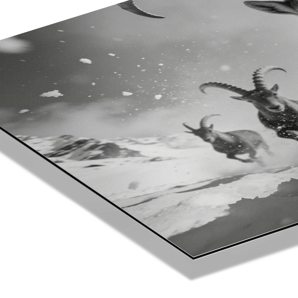 The Running Ibex – Alu-Dibond wall art featuring alpine ibex running through snow with dynamic movement and texture.