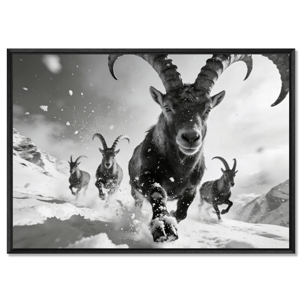 The Running Ibex – Alu-Dibond wall art featuring alpine ibexes running through snow.