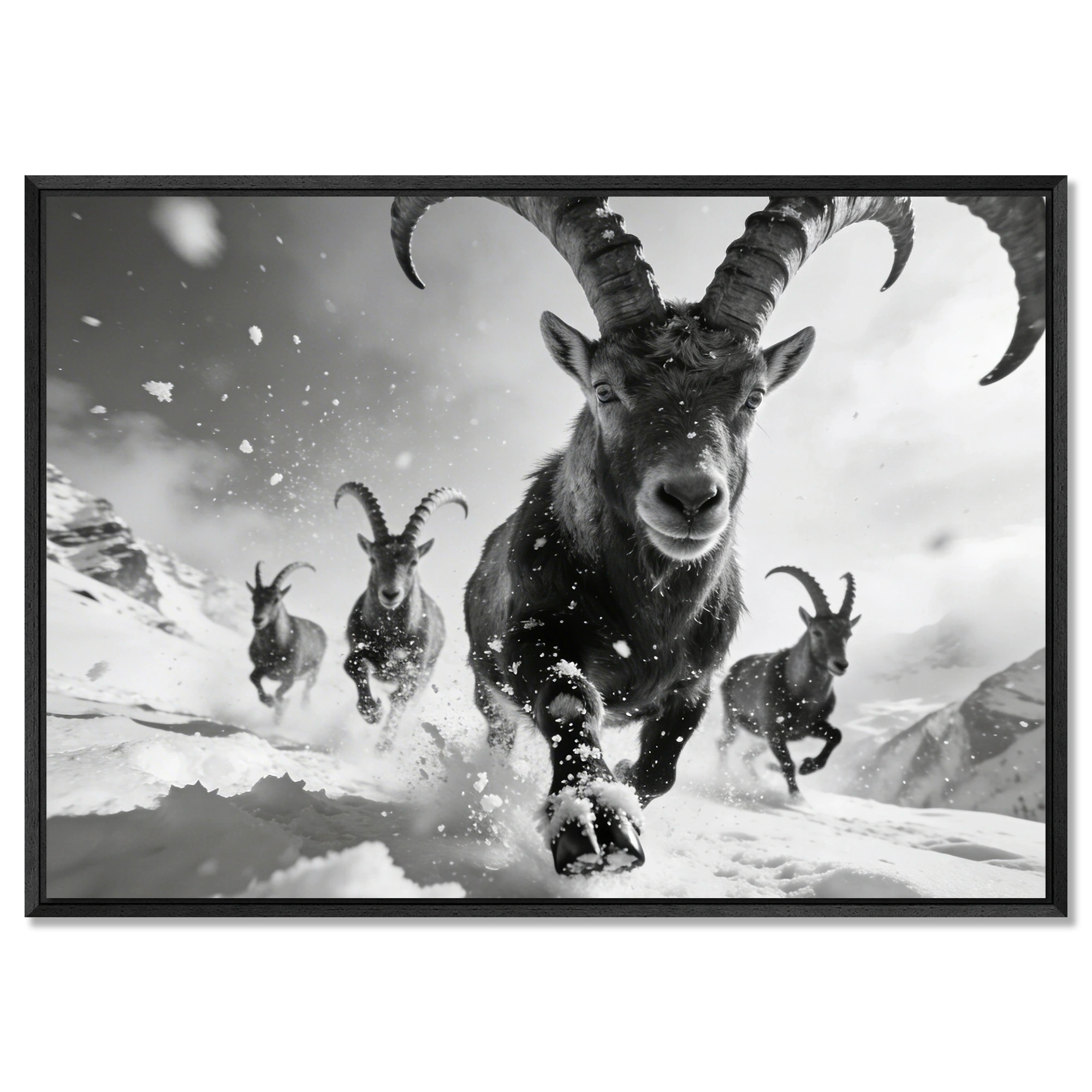 The Running Ibex – Alu-Dibond wall art featuring alpine ibexes running through snow.
