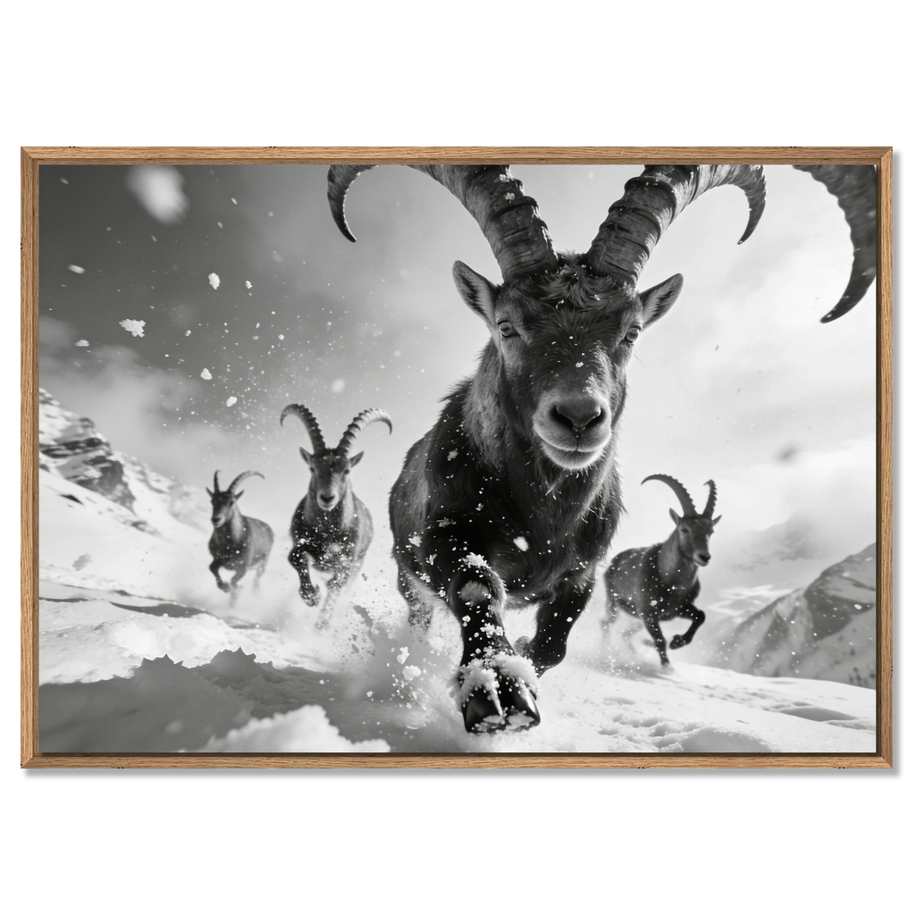 The Running Ibex – Alu-Dibond wall art featuring a herd of ibex charging through snow.