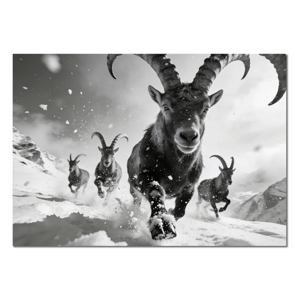 The Running Ibex – Alu-Dibond wall art featuring an alpine ibex charging through snow with a herd behind.