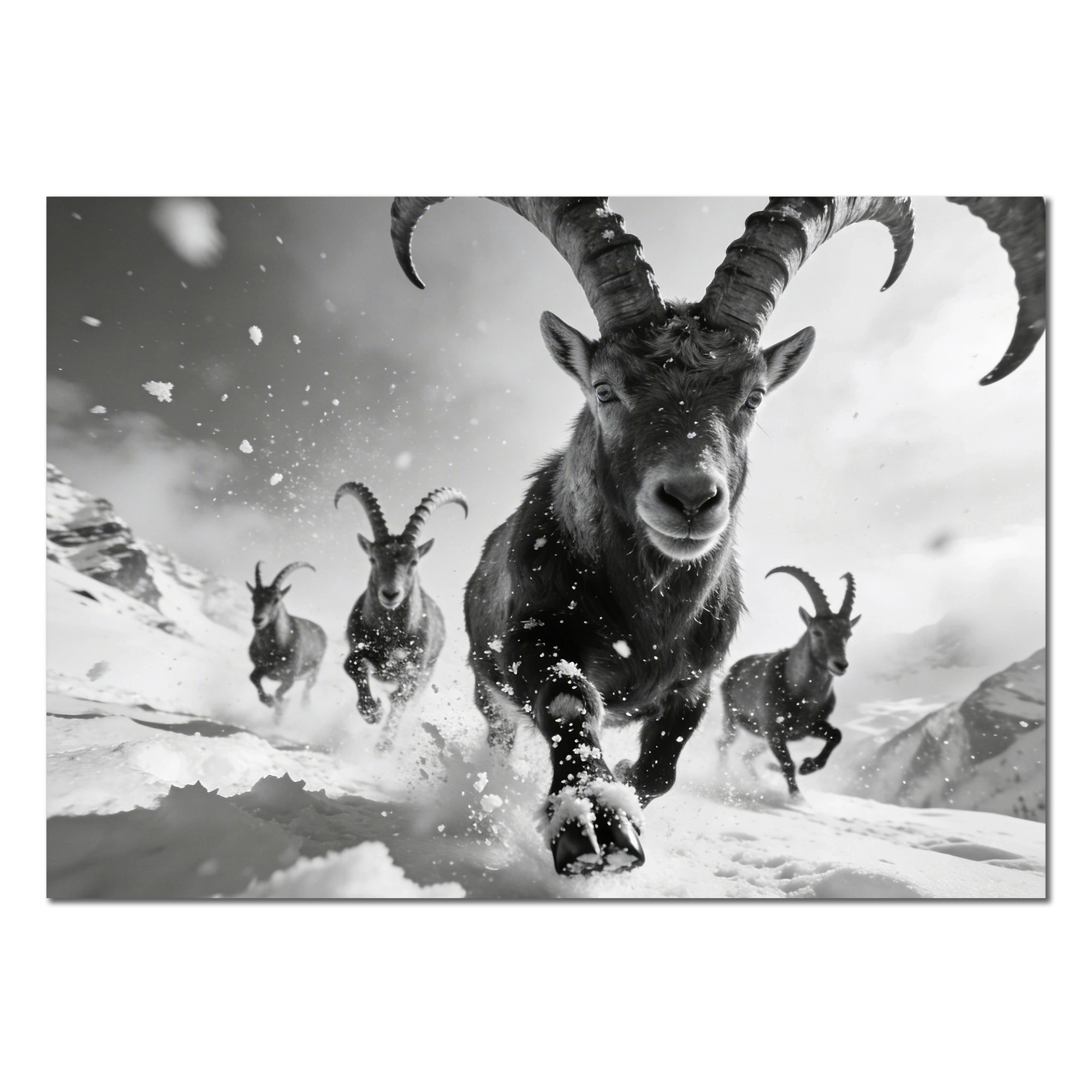 The Running Ibex – Alu-Dibond wall art featuring an alpine ibex charging through snow with a herd behind.