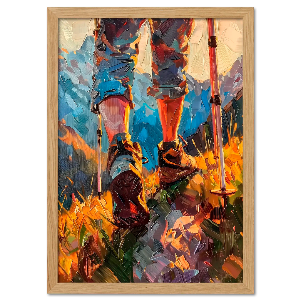 The Traveler’s Path - Poster featuring hiking boots and walking poles in tall grass under warm sunlight.