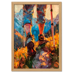 The Traveler’s Path - Poster featuring hiking boots and walking poles in tall grass under warm sunlight.