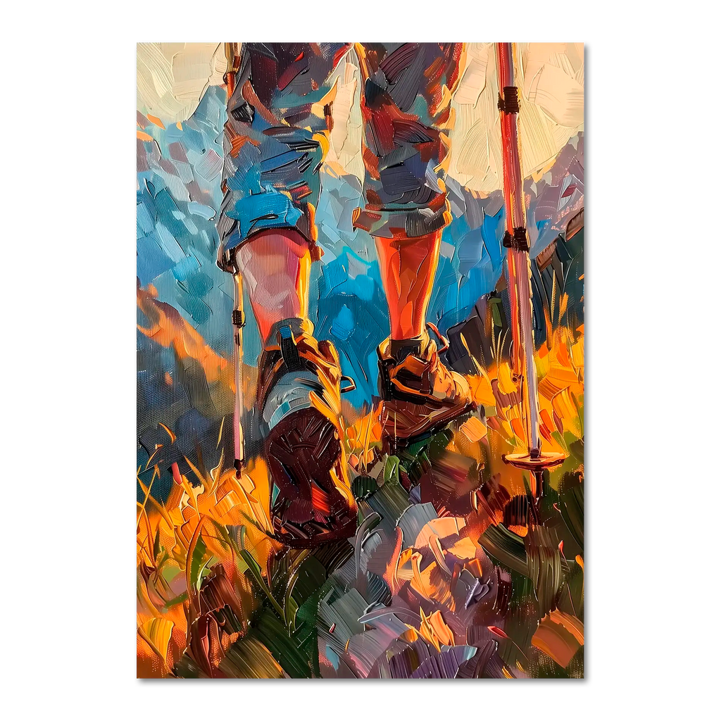 The Traveler’s Path - Poster featuring hiking boots and walking poles in tall grass, capturing a tranquil journey.