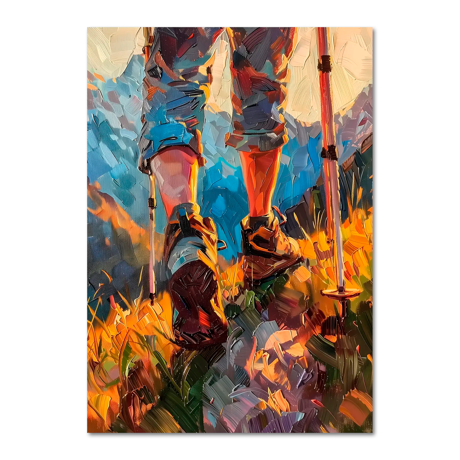 The Traveler’s Path - Poster featuring hiking boots and walking poles in tall grass, capturing a tranquil journey.