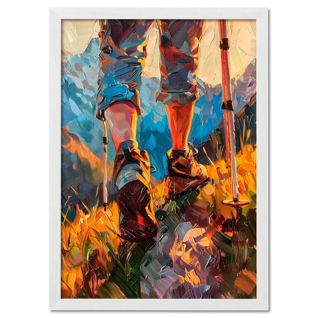 The Traveler’s Path - Poster showcasing hiking boots and poles in tall grass with vibrant colors.