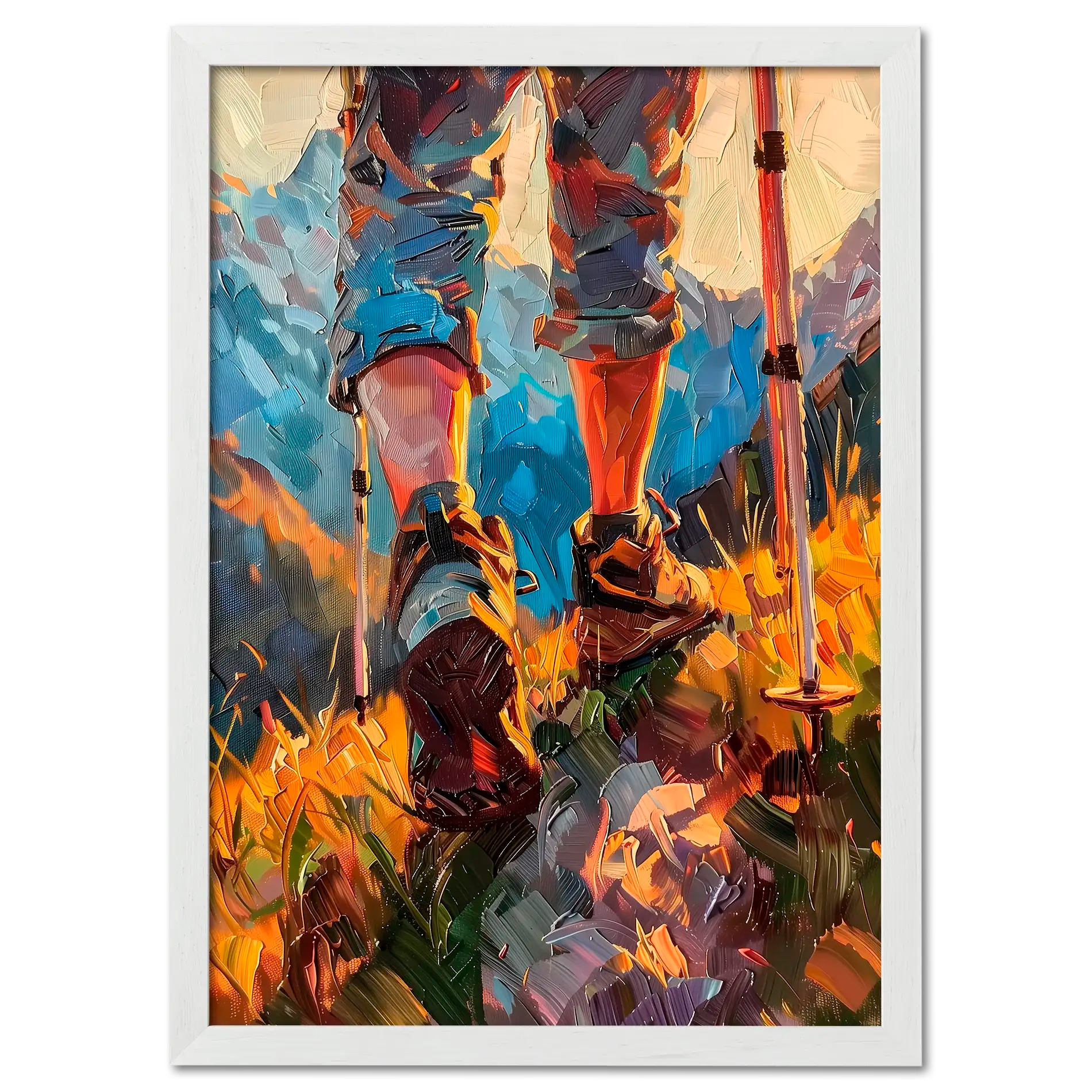 The Traveler’s Path - Poster showcasing hiking boots and poles in tall grass with vibrant colors.