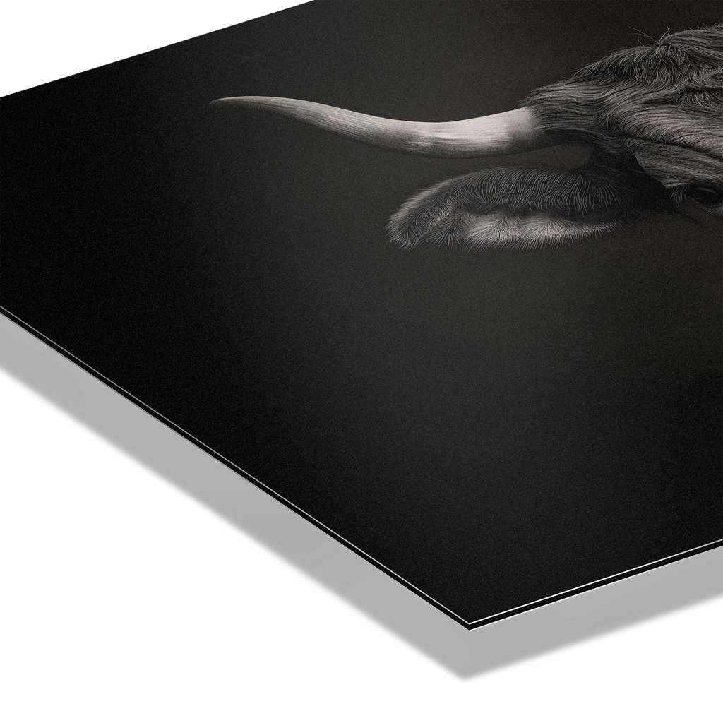 The charisma of a cow - Alu-Dibond wall art showcasing the calm beauty of a mountain cow.