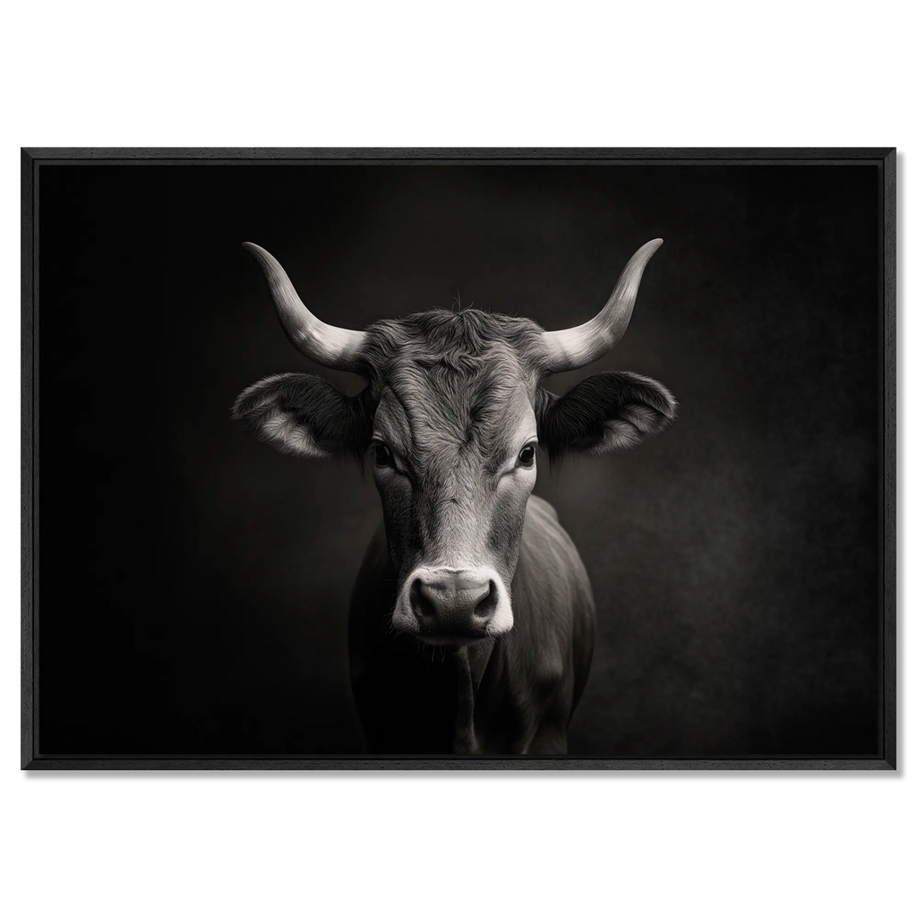 The charisma of a cow - Alu-Dibond wall art showcases a mountain cow's calm charisma in soft light and deep contrast.