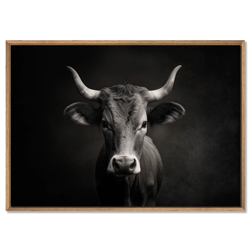 The charisma of a cow - Alu-Dibond wall art framed print showcasing a mountain cow in captivating detail.