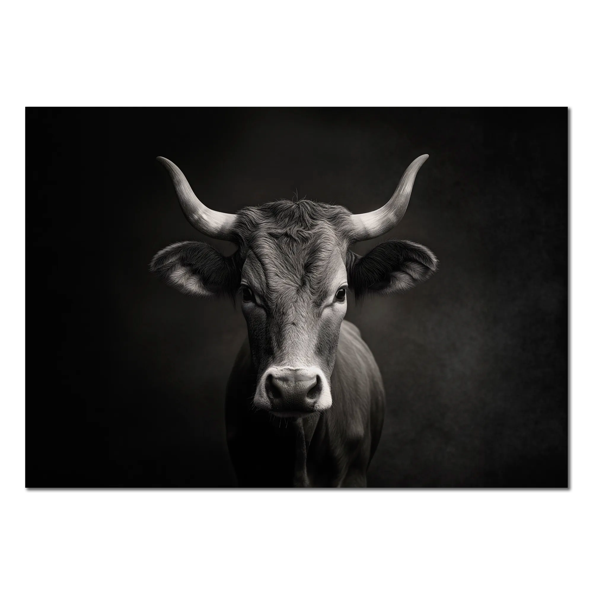 The charisma of a cow - Alu-Dibond wall art featuring a majestic mountain cow in black and white.