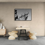 Three Ibex Summit – Alu-Dibond wall art displayed in a modern interior, featuring ibex on a rocky peak.