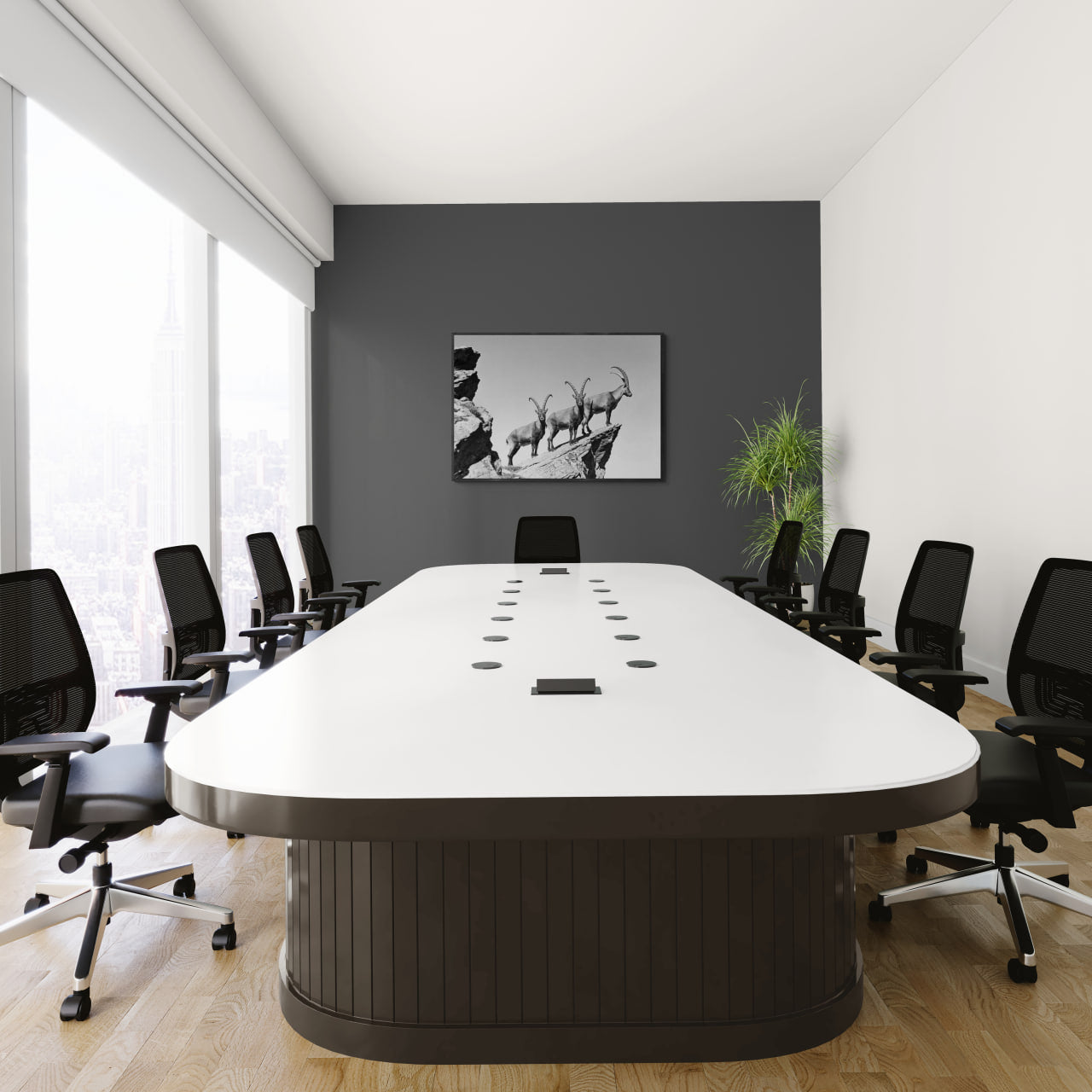 Three Ibex Summit – Alu-Dibond wall art displayed in a modern conference room.