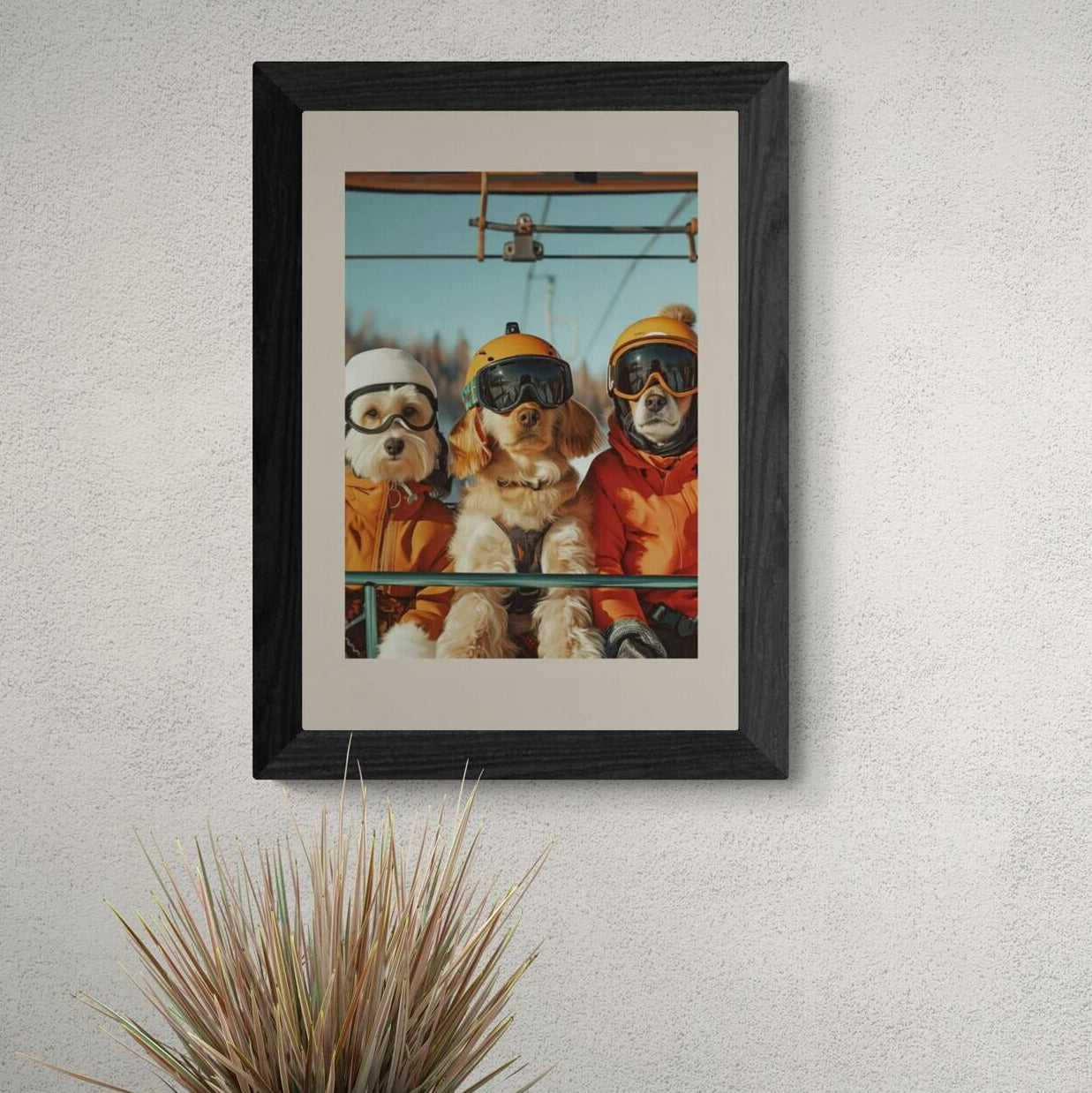 Three dogs of a skier - Poster featuring three dogs in ski gear on a ski lift against a blue sky.