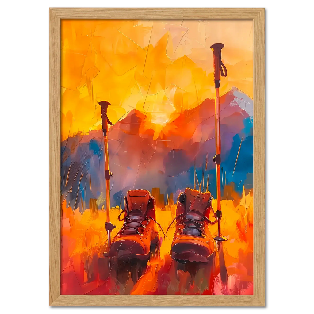 Time to Pause and Savor - Poster featuring hiking boots and walking poles against a sunset mountain backdrop.