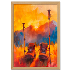 Time to Pause and Savor - Poster featuring hiking boots and walking poles against a sunset mountain backdrop.