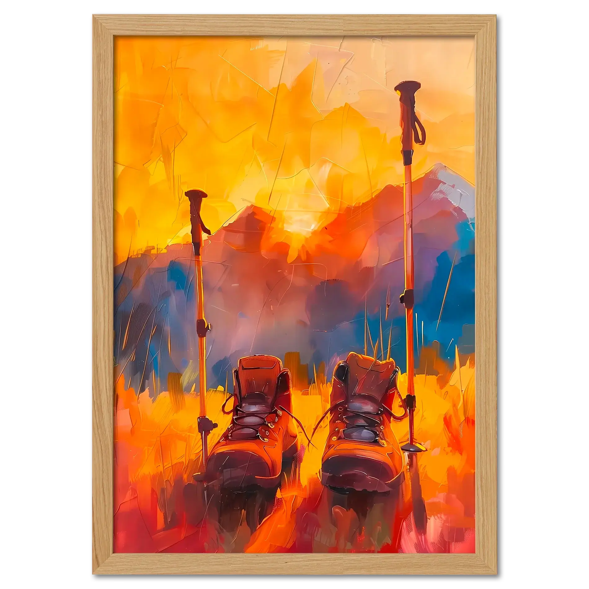 Time to Pause and Savor - Poster featuring hiking boots and walking poles against a sunset mountain backdrop.