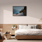 Timeless Alpine Grand Tour – Poster showcased in a modern bedroom with elegant decor and a serene alpine lake view.