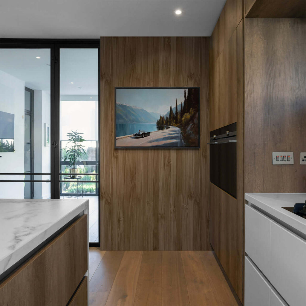 Timeless Alpine Grand Tour – Poster displayed in a modern kitchen with wood accents and natural light.