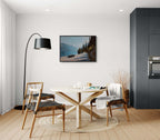 Timeless Alpine Grand Tour – Poster displayed in a modern minimalist interior with a dining table and stylish chairs.