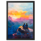 Together at the Top of the World - Poster featuring two people on a mountain peak at sunset.