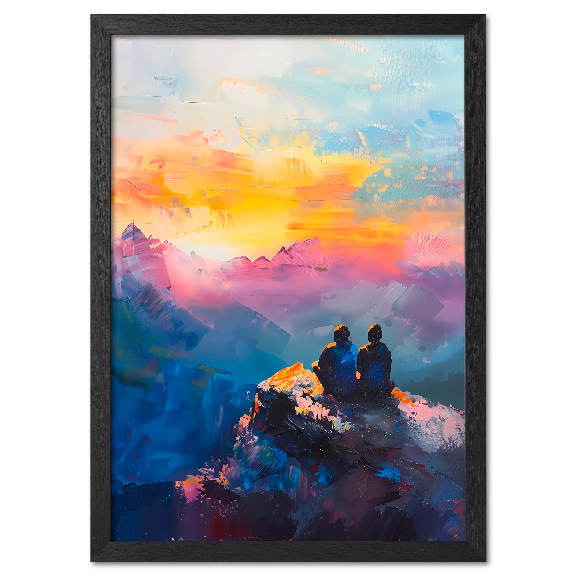 Together at the Top of the World - Poster featuring two people on a mountain peak at sunset.