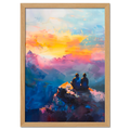 Together at the Top of the World - Poster depicting two people on a mountain peak at sunset.