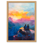 Together at the Top of the World - Poster depicting two people on a mountain peak at sunset.