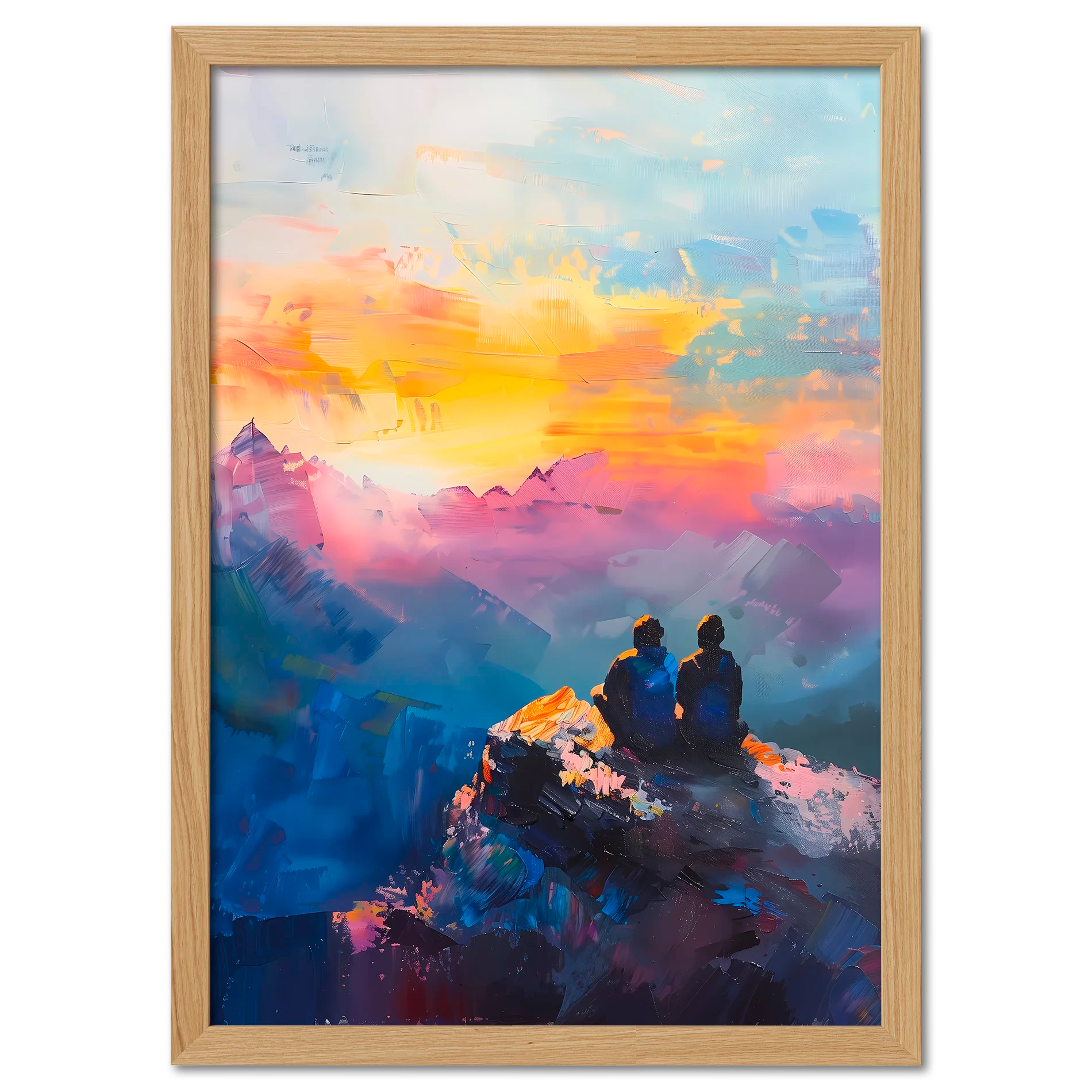 Together at the Top of the World - Poster depicting two people on a mountain peak at sunset.