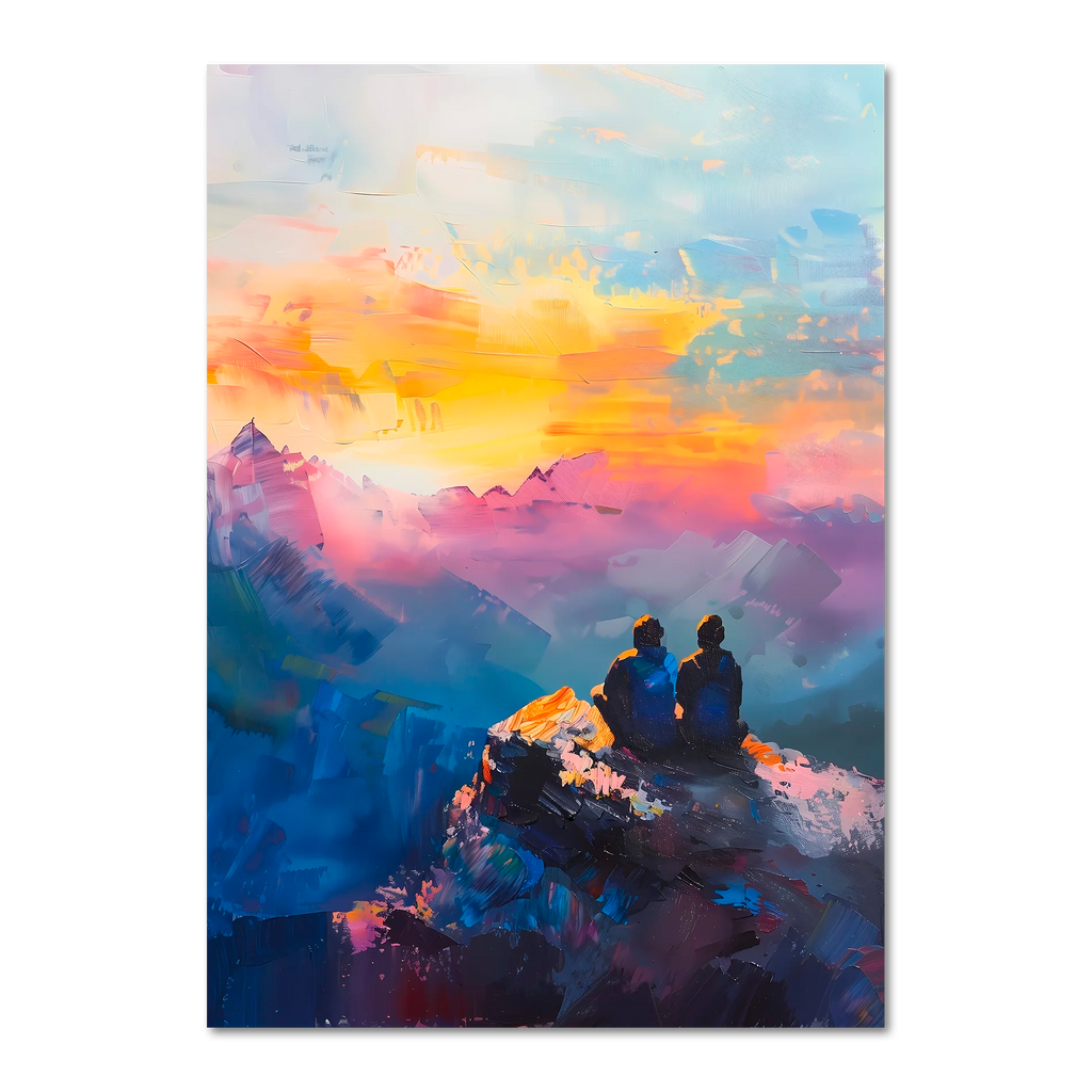 Together at the Top of the World - Poster depicting two figures on a mountain peak at sunset.