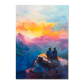Together at the Top of the World - Poster depicting two figures on a mountain peak at sunset.