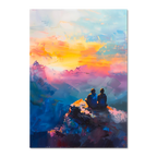 Together at the Top of the World - Poster depicting two figures on a mountain peak at sunset.