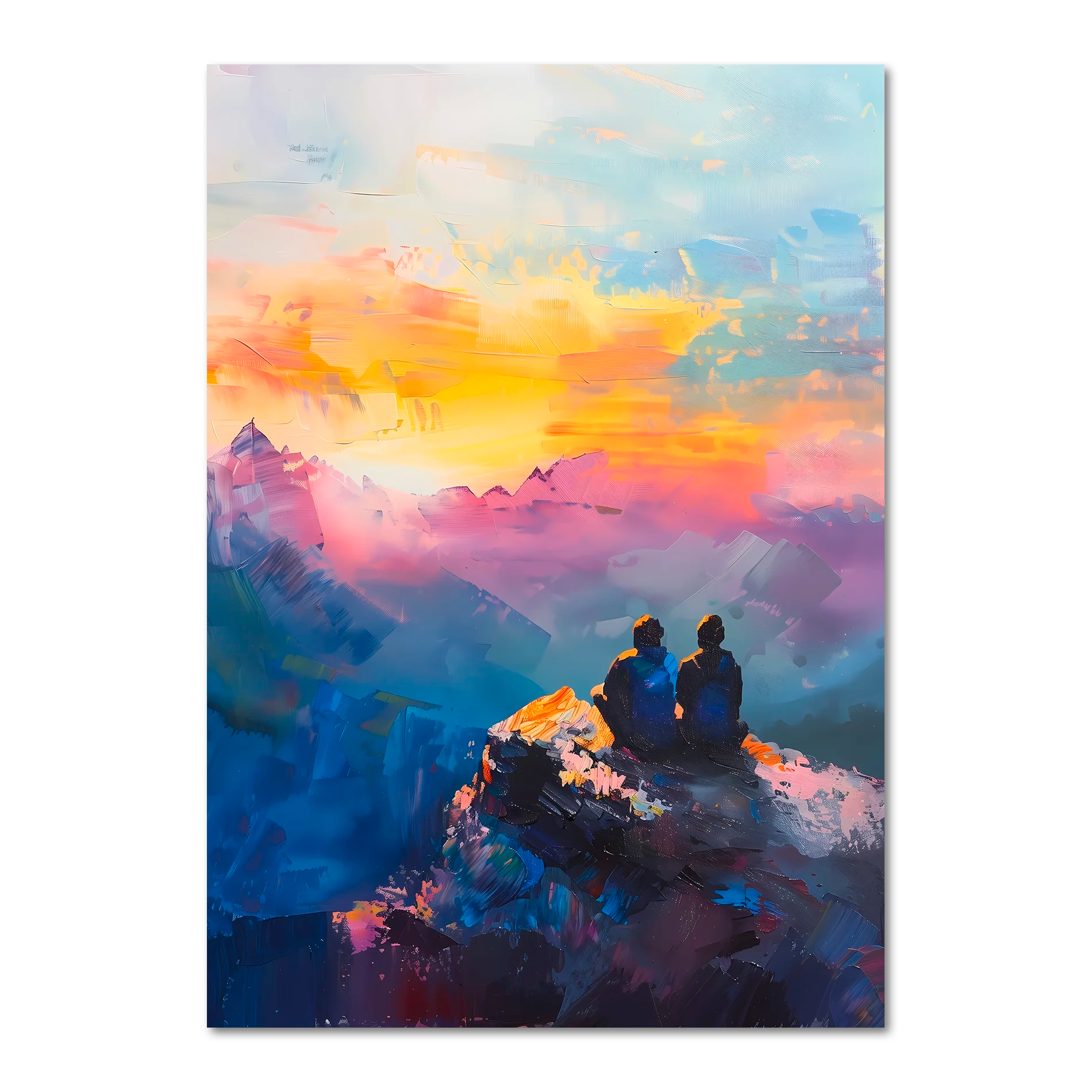 Together at the Top of the World - Poster depicting two figures on a mountain peak at sunset.