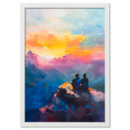 Together at the Top of the World - Poster featuring two people on a mountain peak watching a colorful sunset.