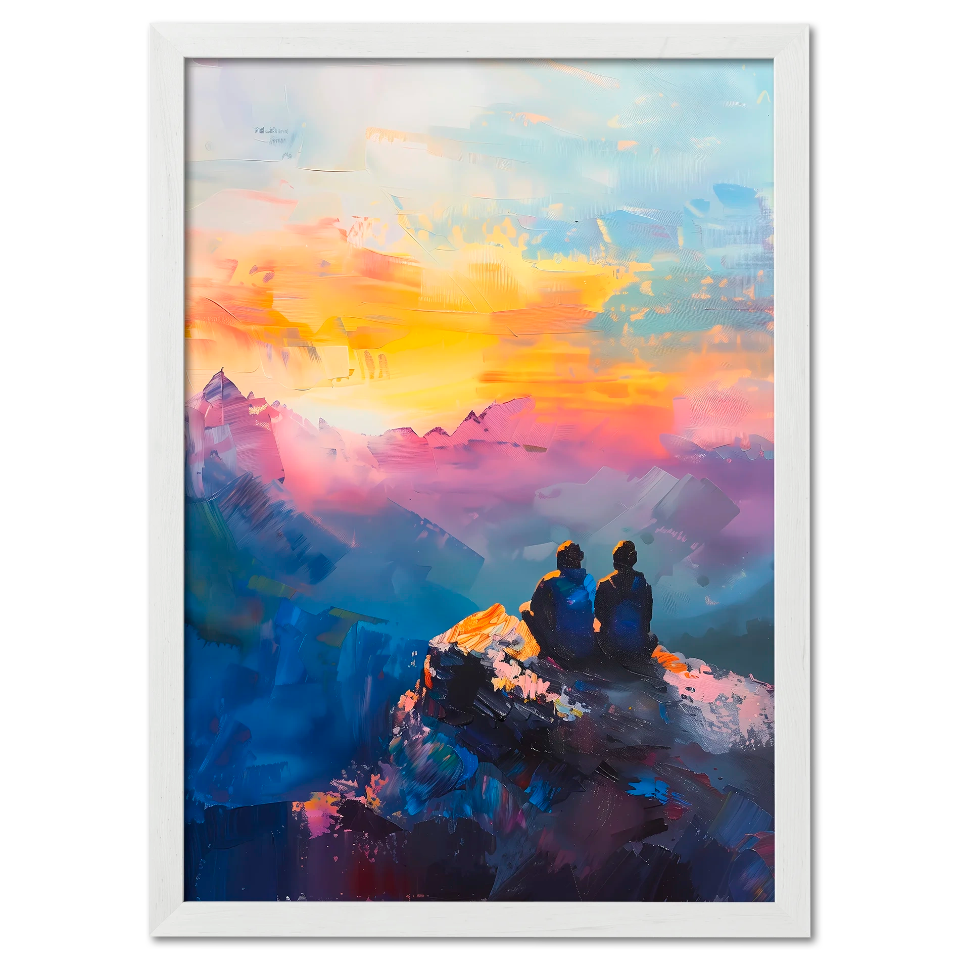 Together at the Top of the World - Poster featuring two people on a mountain peak watching a colorful sunset.